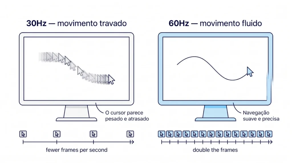 Ilustração técnica comparando movimento do cursor em monitor externo a 30Hz travado versus 60Hz fluido em hub USB-C