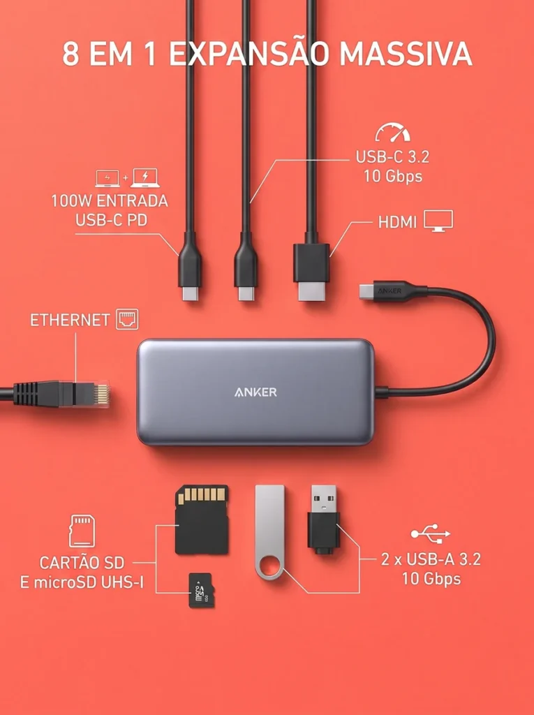 Hub USB-C Anker 555 8 em 1 cinza, com portas HDMI, Ethernet, leitor de cartão SD/microSD, 2x USB-A e entrada USB-C PD 100W