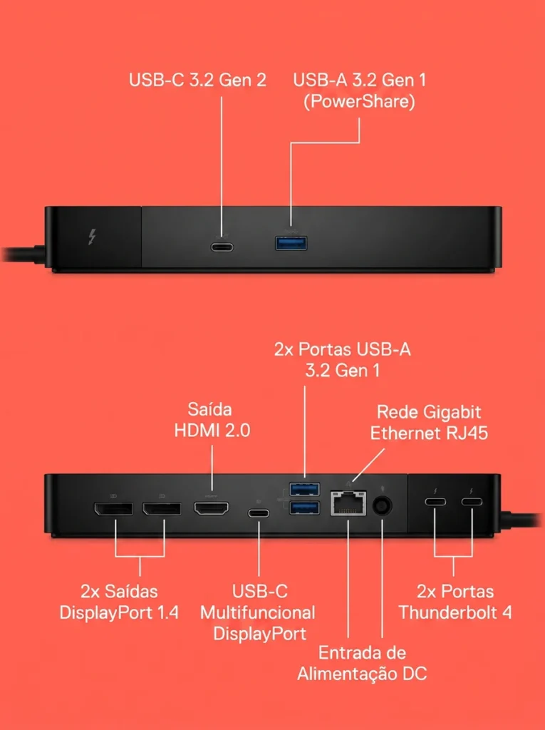 Dell WD22TB4 Docking Station Thunderbolt 4
Alt: Docking station Dell WD22TB4 preta modular, com portas USB-C, USB-A, HDMI, DisplayPort e Ethernet