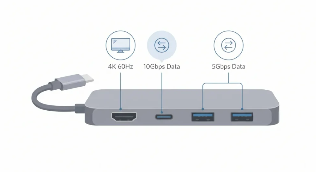 Diagrama técnico e minimalista de um hub USB-C em fundo branco, mostrando as conexões corretas: porta PD na ponta para energia, HDMI para monitor 4K 60Hz e duas portas USB-A para periféricos e dados de 5Gbps.