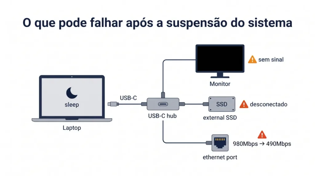 Diagrama mostrando falhas comuns de estabilidade em setup de cabo único com hub USB-C após suspensão do sistema