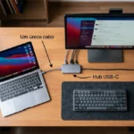 Mesa de home office organizada com setup de cabo único hub USB-C conectando notebook monitor e periféricos