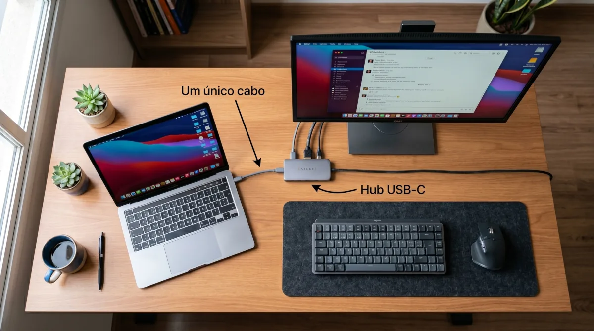 Mesa de home office organizada com setup de cabo único hub USB-C conectando notebook monitor e periféricos