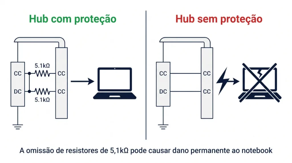 Diagrama técnico comparando hub USB-C com resistores de segurança presentes versus hub sem resistores e risco de dano ao notebook