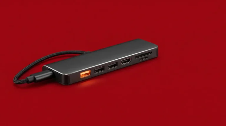 Hub USB-C com porta aquecida sobre fundo vermelho representando risco elétrico e perigo de dano ao notebook