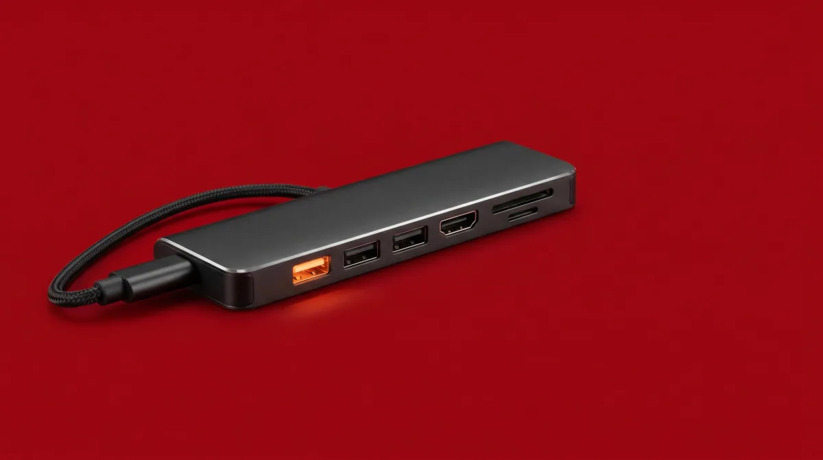 Hub USB-C com porta aquecida sobre fundo vermelho representando risco elétrico e perigo de dano ao notebook