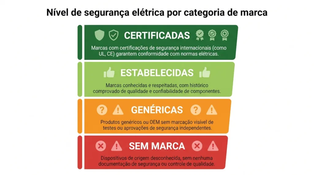 Escala de segurança elétrica de hubs USB-C por categoria de marca desde certificadas até genéricas sem nome