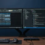 Dois monitores externos ativos em setup de home office com dock USB-C representando solução de tela dupla para MacBook Air