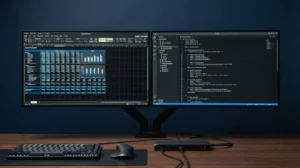 Dois monitores externos ativos em setup de home office com dock USB-C representando solução de tela dupla para MacBook Air