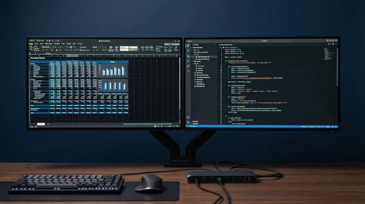 Dois monitores externos ativos em setup de home office com dock USB-C representando solução de tela dupla para MacBook Air