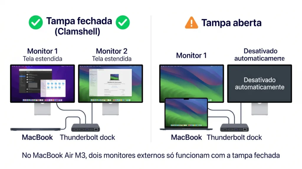 Diagrama mostrando limitação do MacBook Air M3 com dois monitores externos apenas com tampa fechada em modo clamshell