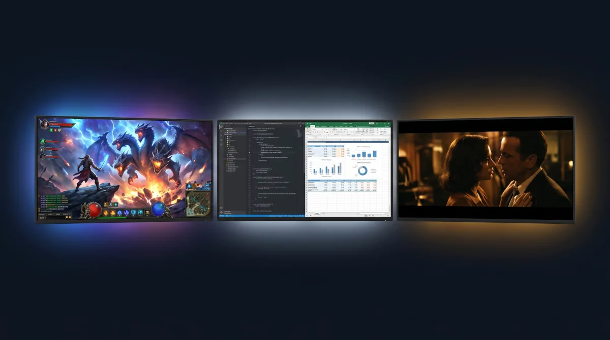 Tres monitores lado a lado com usos diferentes — gaming, produtividade e entretenimento — ilustrando a duvida de escolha antes de comprar um monitor para home office