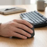 Mão usando mouse ergonômico vertical Logitech em home office — posição de handshake que reduz a pronação do antebraço