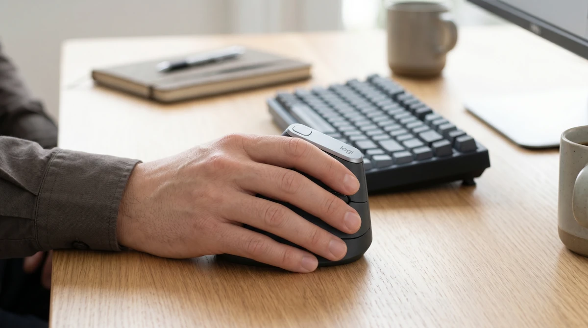 Mão usando mouse ergonômico vertical Logitech em home office — posição de handshake que reduz a pronação do antebraço