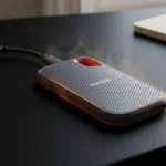 SSD SanDisk Extreme conectado via USB-C, com sinal de superaquecimento durante o uso