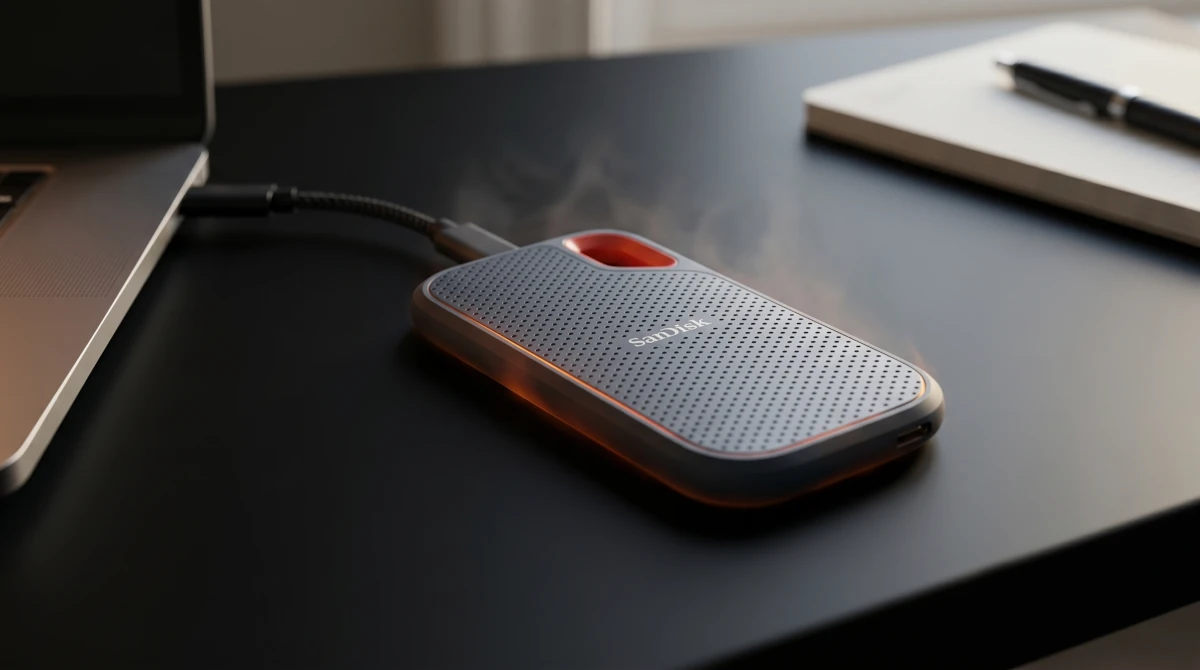 SSD SanDisk Extreme conectado via USB-C, com sinal de superaquecimento durante o uso