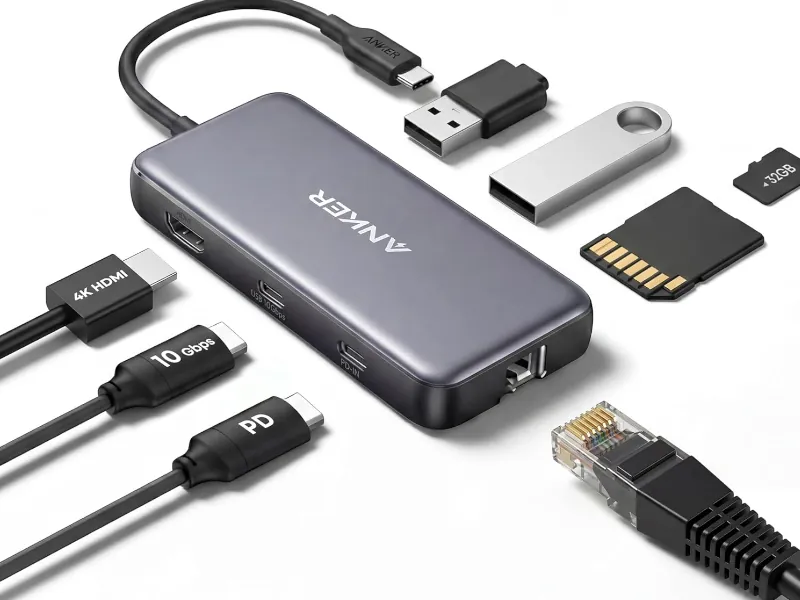 Hub USB-C Anker 555 8 em 1 cinza, com portas HDMI, Ethernet, leitor de cartão SD/microSD, 2x USB-A e entrada USB-C PD 100W