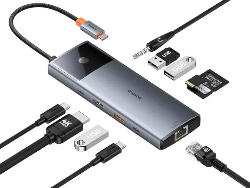 Hub USB-C Baseus Metal Gleam Series II 10 em 1 em alumínio e fibra de carbono, com 2x HDMI, Ethernet Gigabit e botão de privacidade Screen-Off