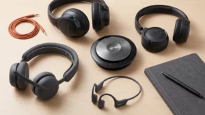 Fone bluetooth para reunião: headset, speakerphone e fone de ouvido lado a lado