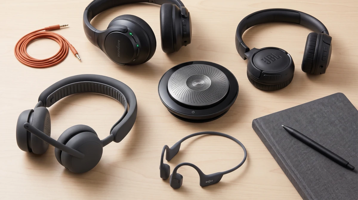 Fone bluetooth para reunião: headset, speakerphone e fone de ouvido lado a lado