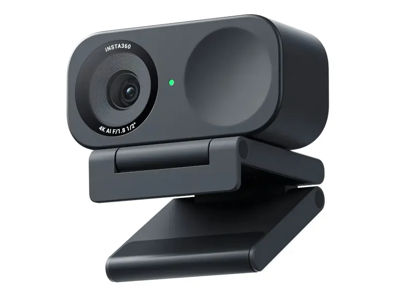 Webcam Insta360 Link 2C branca, formato de gimbal motorizado sobre base circular, sobre fundo branco