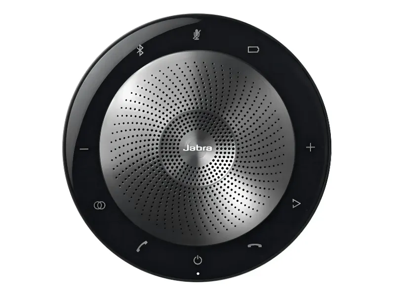 Speakerphone Jabra Speak 710 sobre mesa de home office durante reunião
