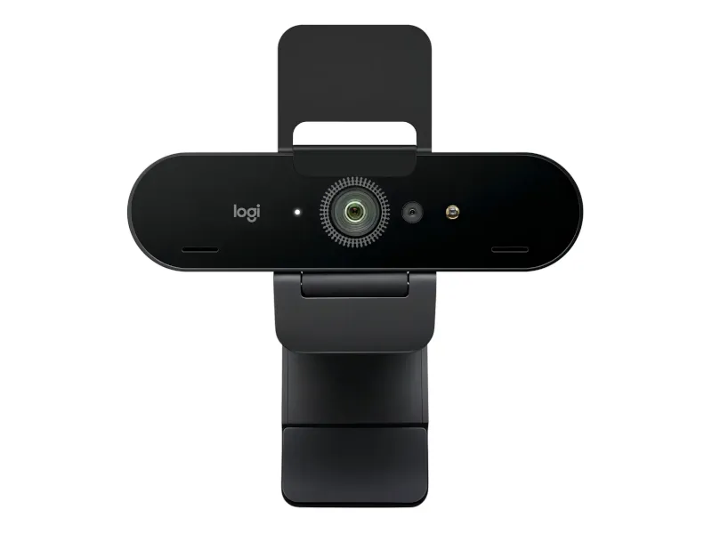 Webcam Logitech Brio 4K Pro preta, corpo compacto com lente central, sobre fundo branco