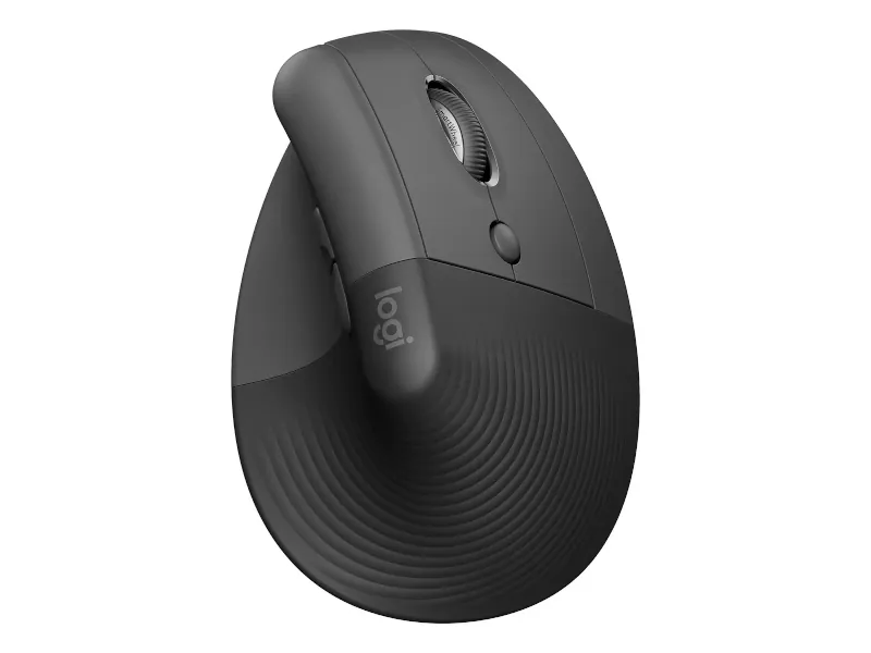 Mouse ergonômico Logitech Lift na cor grafite, formato vertical compacto, sobre fundo branco