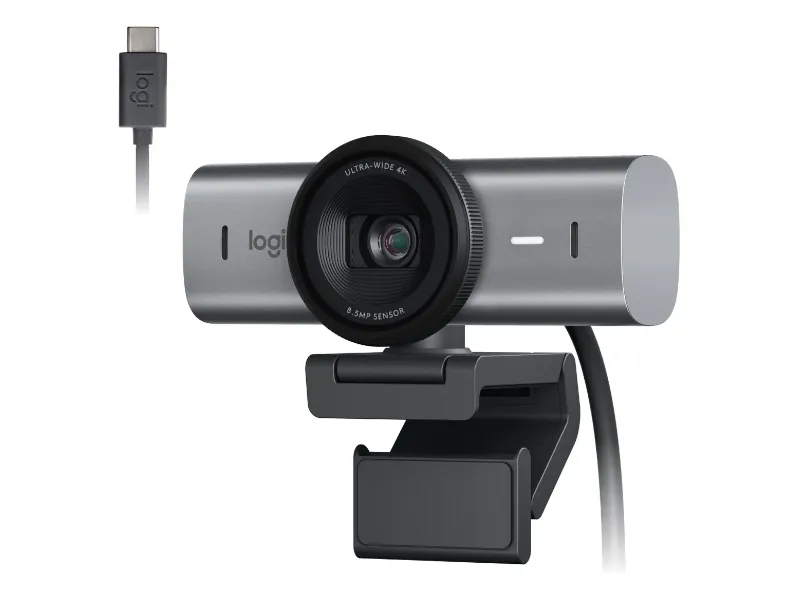 Webcam Logitech MX Brio 4K na cor grafite, formato retangular compacto, sobre fundo branco