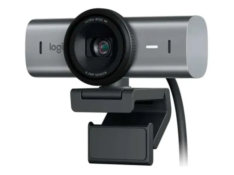 Webcam Logitech MX Brio 705 na cor grafite, corpo retangular com privacy shutter, sobre fundo branco