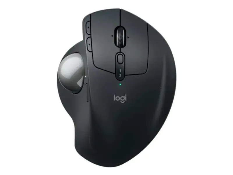 Trackball Logitech MX Ergo na cor grafite, base inclinável com esfera central, sobre fundo branco