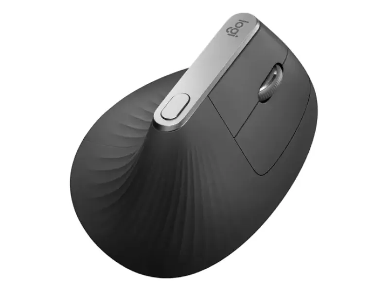 Mouse ergonômico Logitech MX Vertical na cor preta, formato inclinado em pé, sobre fundo branco