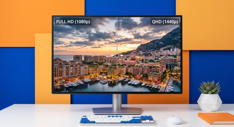 Monitor de 27 polegadas com controle deslizante de comparação na tela, mostrando a diferença de nitidez entre resolução Full HD e QHD em ambiente de home office