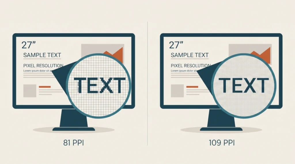 Comparativo visual mostrando a diferença de nitidez de texto entre monitor 27 polegadas Full HD e QHD, ilustrando a densidade de pixels