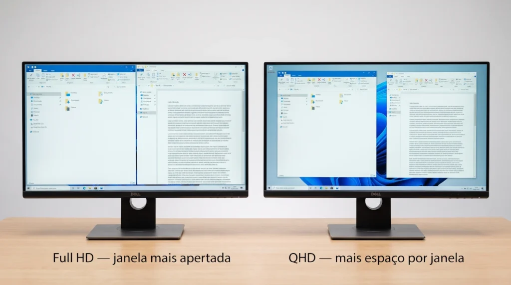 Comparação da área útil de tela entre monitor 27 polegadas Full HD e QHD para multitarefa em home office