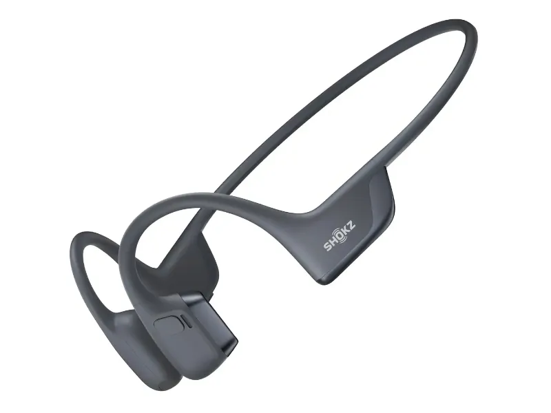Fone de condução óssea Shokz OpenRun Pro 2 preto, formato aberto tipo arco, sobre fundo branco