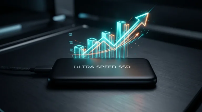 SSD portátil preto ao lado de gráfico estilizado representando alta de preço em 2026