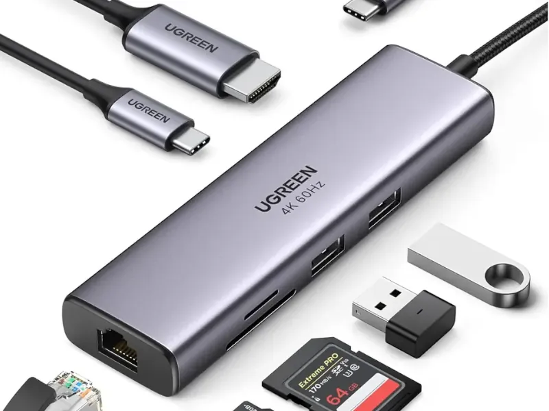 Hub USB-C UGREEN Revodok 107 7 em 1 em alumínio anodizado, com HDMI 4K a 60Hz, Ethernet Gigabit e leitor de cartão SD/TF