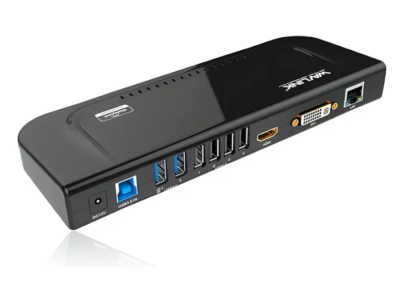 Dock USB-C Wavlink WL-UG39DK4 com chip DisplayLink DL-3900, saída HDMI e adaptador DVI/VGA, para dois monitores Full HD em MacBook Air M1 e M2