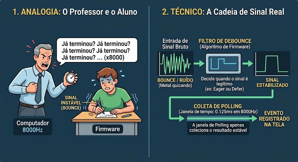 Analogia do professor e do aluno ao lado da cadeia técnica real: sinal bruto, filtro de debounce, sinal estabilizado e coleta de polling