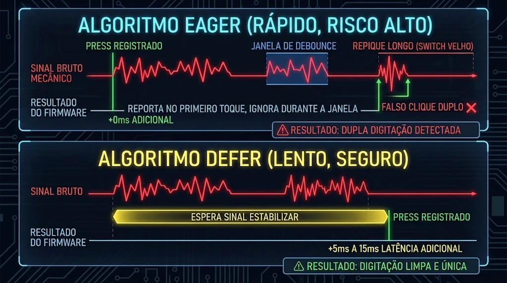 Comparação dos algoritmos de debounce eager e defer diante do mesmo repique de contato, com o clique duplo de um lado e a latência adicional do outro