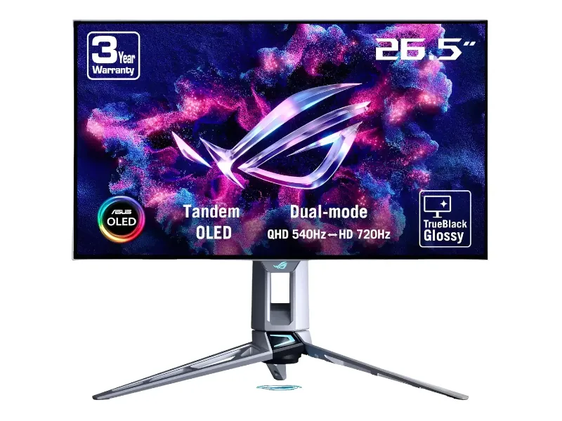 Monitor ASUS ROG Swift PG27AQWP-W com painel Tandem OLED e suporte Dual-mode, tela prateada em ângulo 3/4