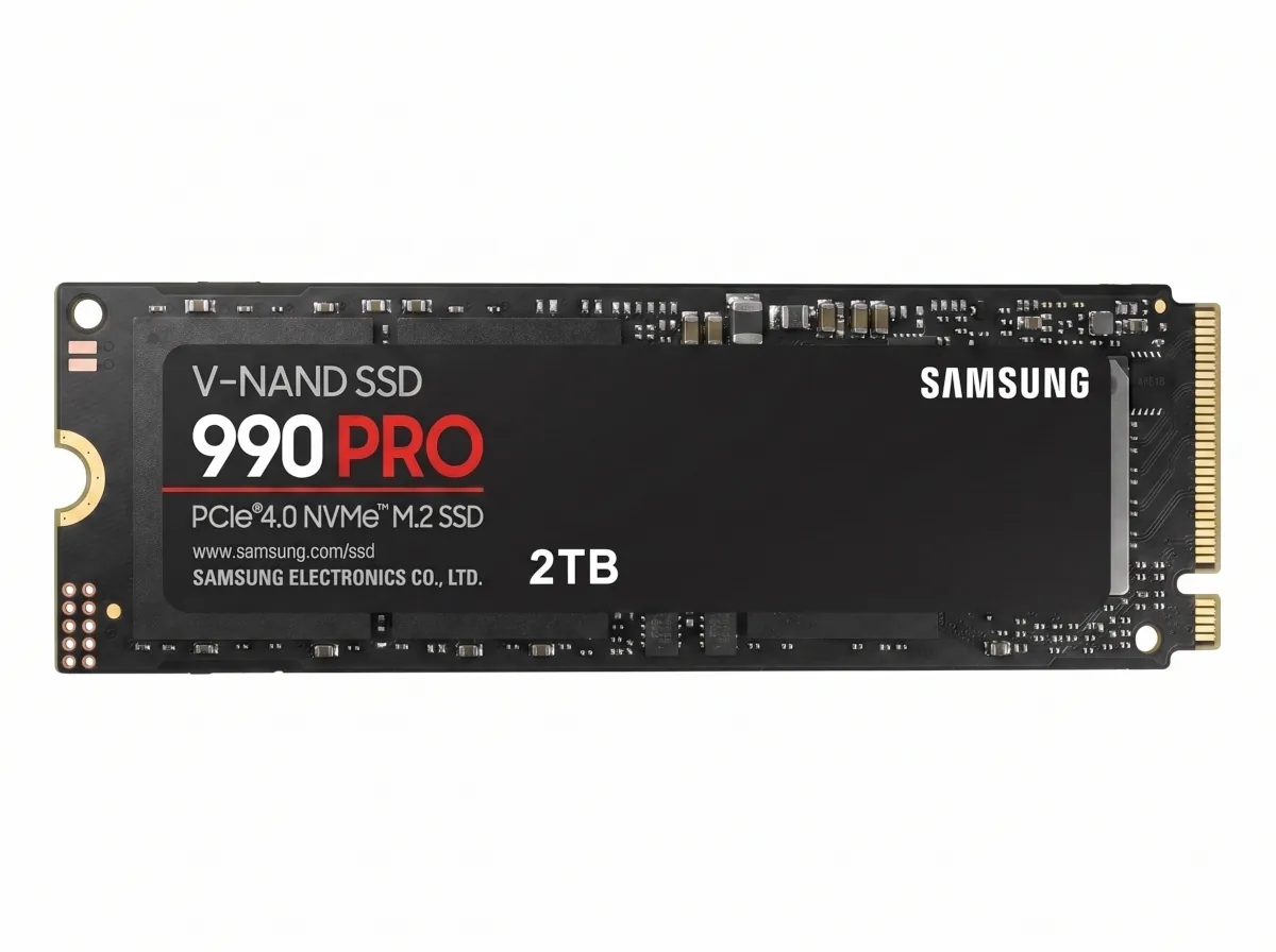 SSD interno Samsung 990 Pro 2TB, formato M.2 NVMe PCIe 4.0, sobre fundo branco