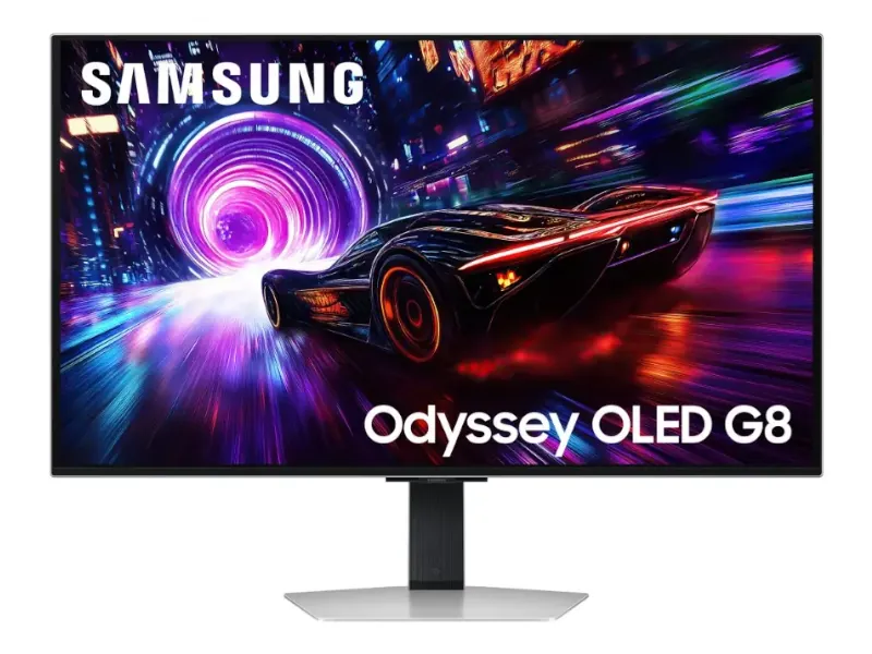 Monitor Samsung Odyssey OLED G8 de 32 polegadas 4K na cor prata, tela curva exibindo padrão colorido