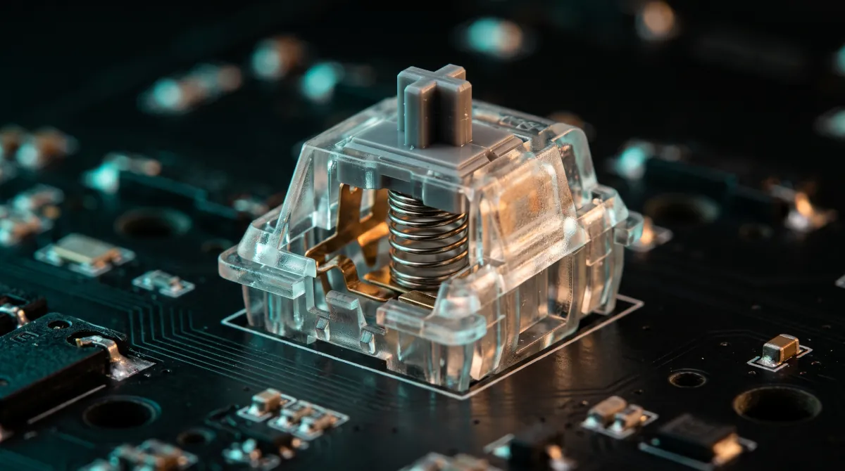 Switch de teclado mecânico translúcido em foto macro mostrando o mecanismo magnético interno sobre uma PCB preta