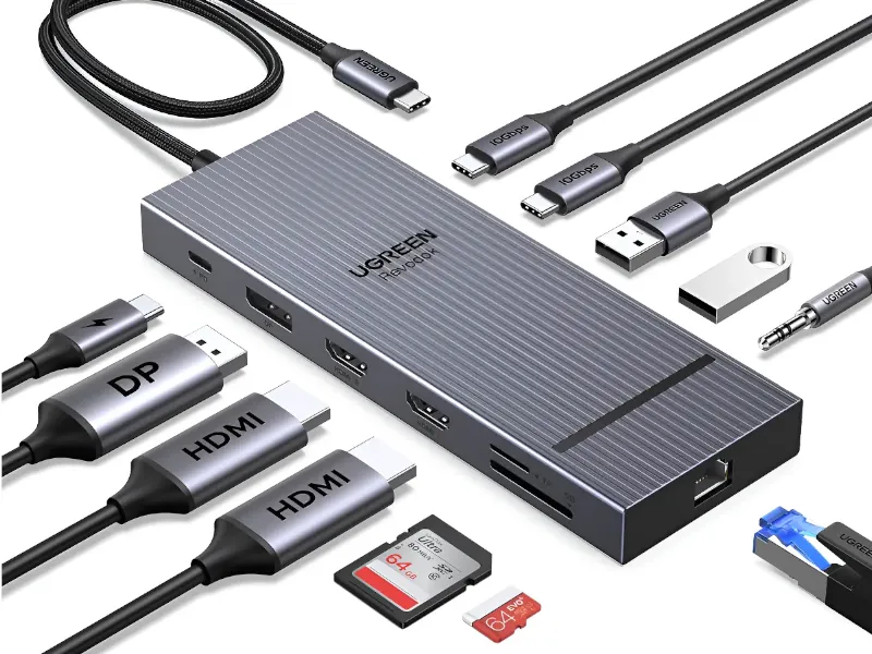 Hub USB-C UGREEN Revodok Pro 12 em 1 preto, com duas saidas HDMI, DisplayPort, duas portas USB-C, duas USB-A, leitor de cartao SD e Ethernet