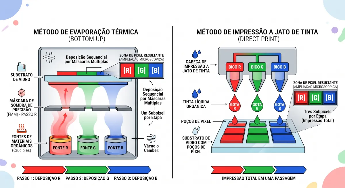 Diagrama comparando a evaporação térmica com máscara metálica e a impressão por jato de tinta na fabricação de painel OLED