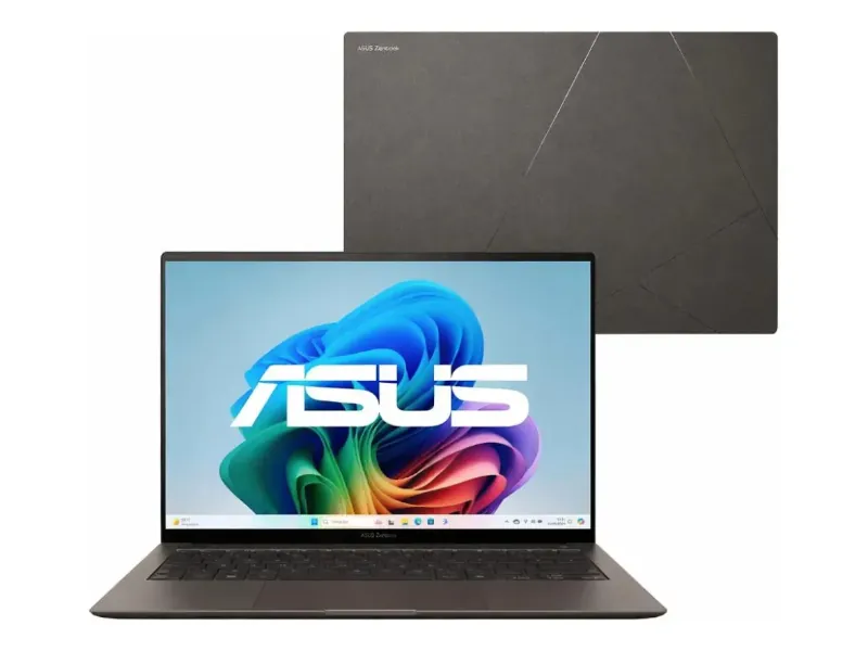ASUS Zenbook S14 UX5406SA aberto, mostrando a tela OLED e o teclado