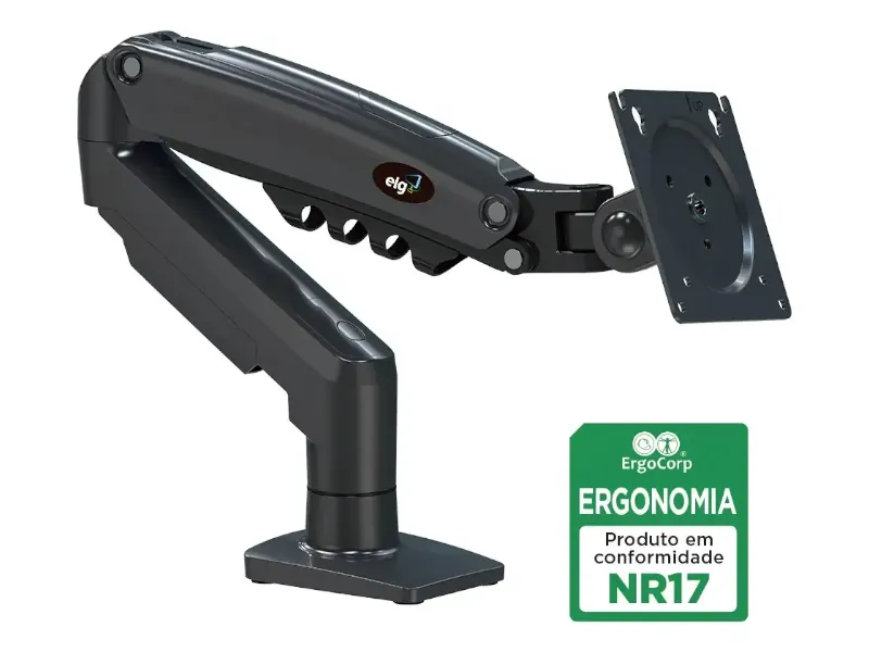 Suporte articulado ELG F80N na cor preta, braço com pistão a gás e grampo de fixação de mesa, visto de perfil sobre fundo branco