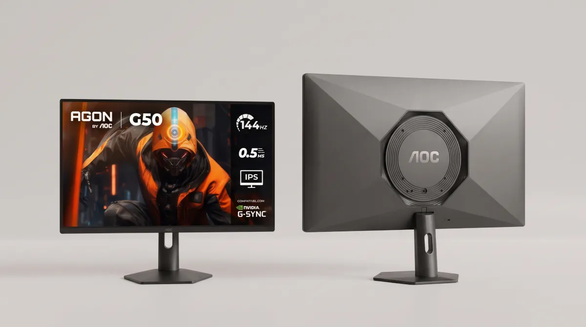 Comparação lado a lado entre um monitor gamer AOC AGON G50 de 24 polegadas e um de 27 polegadas, mesmo design, tamanhos diferentes